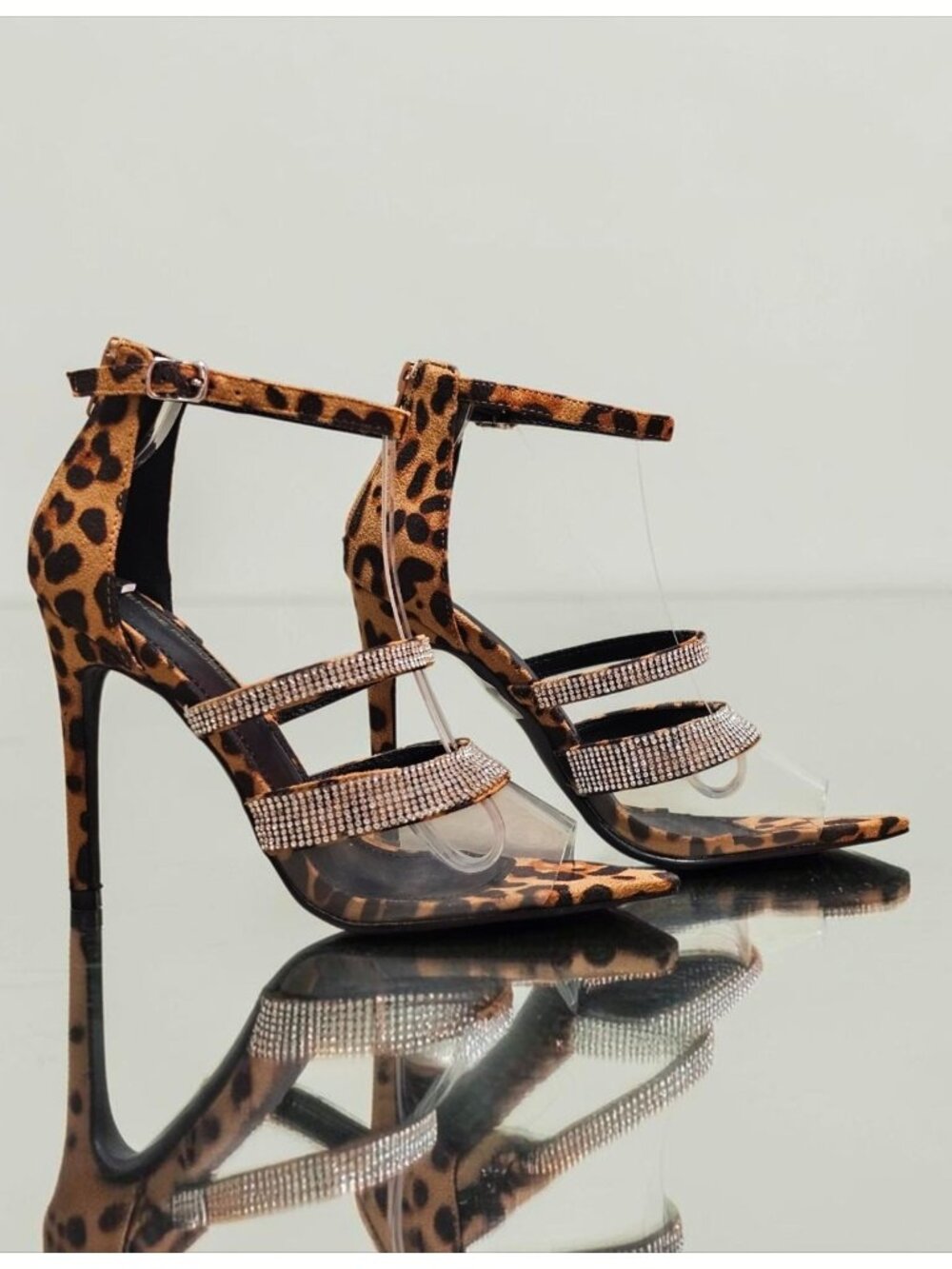 Leopard Print High Heels With Rhinestone Straps & Clear Vinyl Accents Adjustable